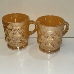 2 Anchor Hocking Glass Fire King Peach Luster Kimberly Diamond Mugs‎